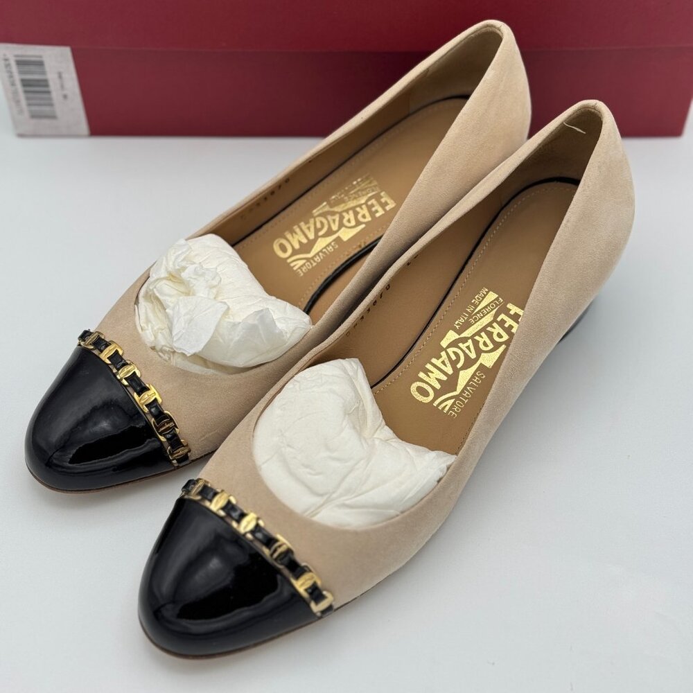 Salvatore Ferragamo - New Bisque Suede Kid with Nero Patent Calf Shoes